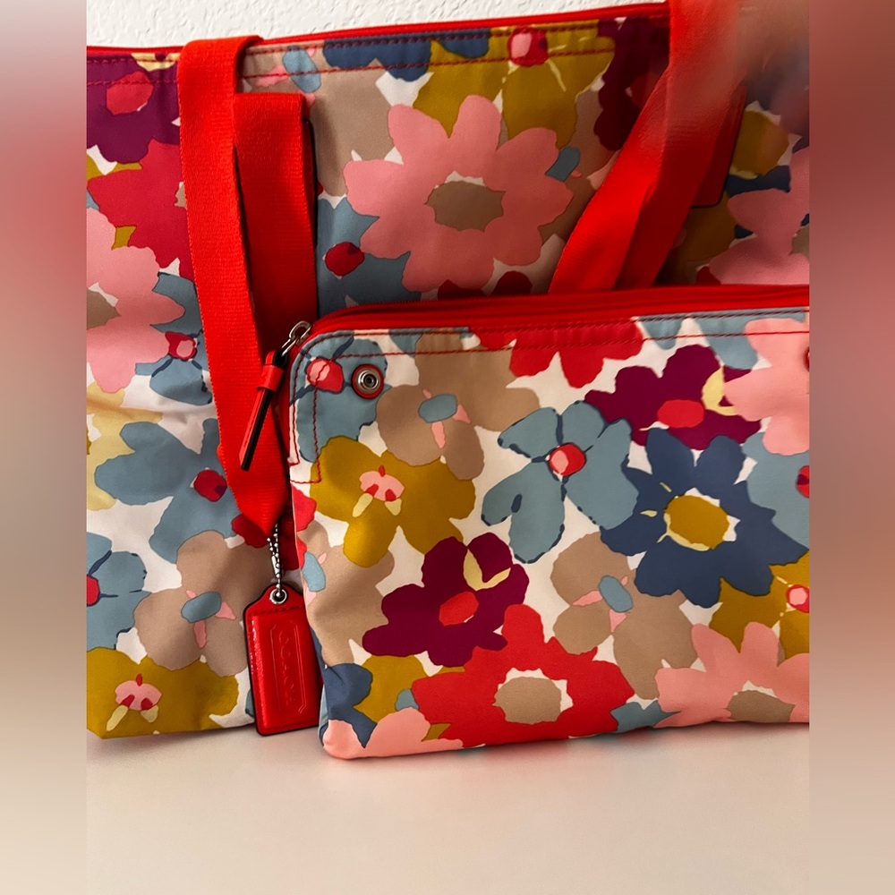 Coach Floral Nylon Tote and Pouch Set - Red, Pink, Blue, Mustard, Cream - Picture 2 of 7